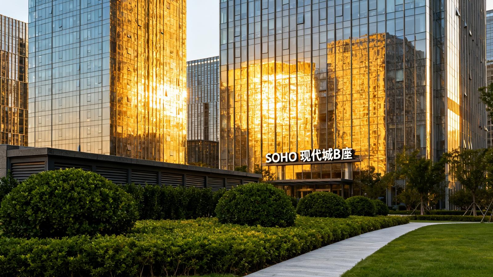 优发国际总部所在的SOHO现代城B座外观，现代玻璃幕墙建筑在阳光照射下熠熠生辉，周边绿化带与步道环境优美整洁