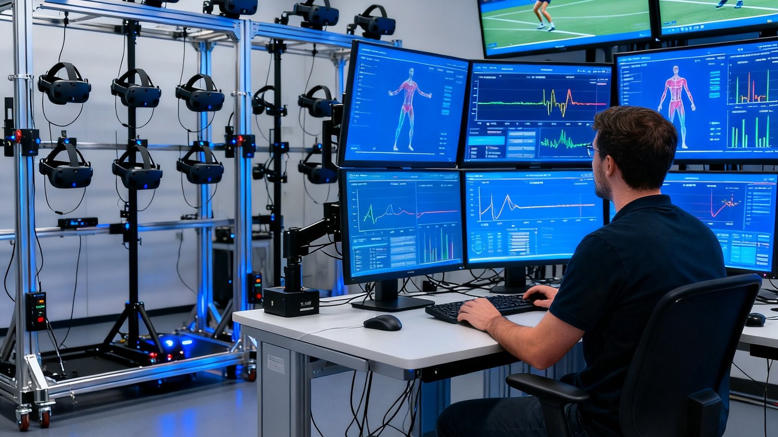 体育科技实验室内摆放着VR头显设备和动作捕捉系统，数据分析师正通过多块屏幕实时监测运动员的训练生理数据