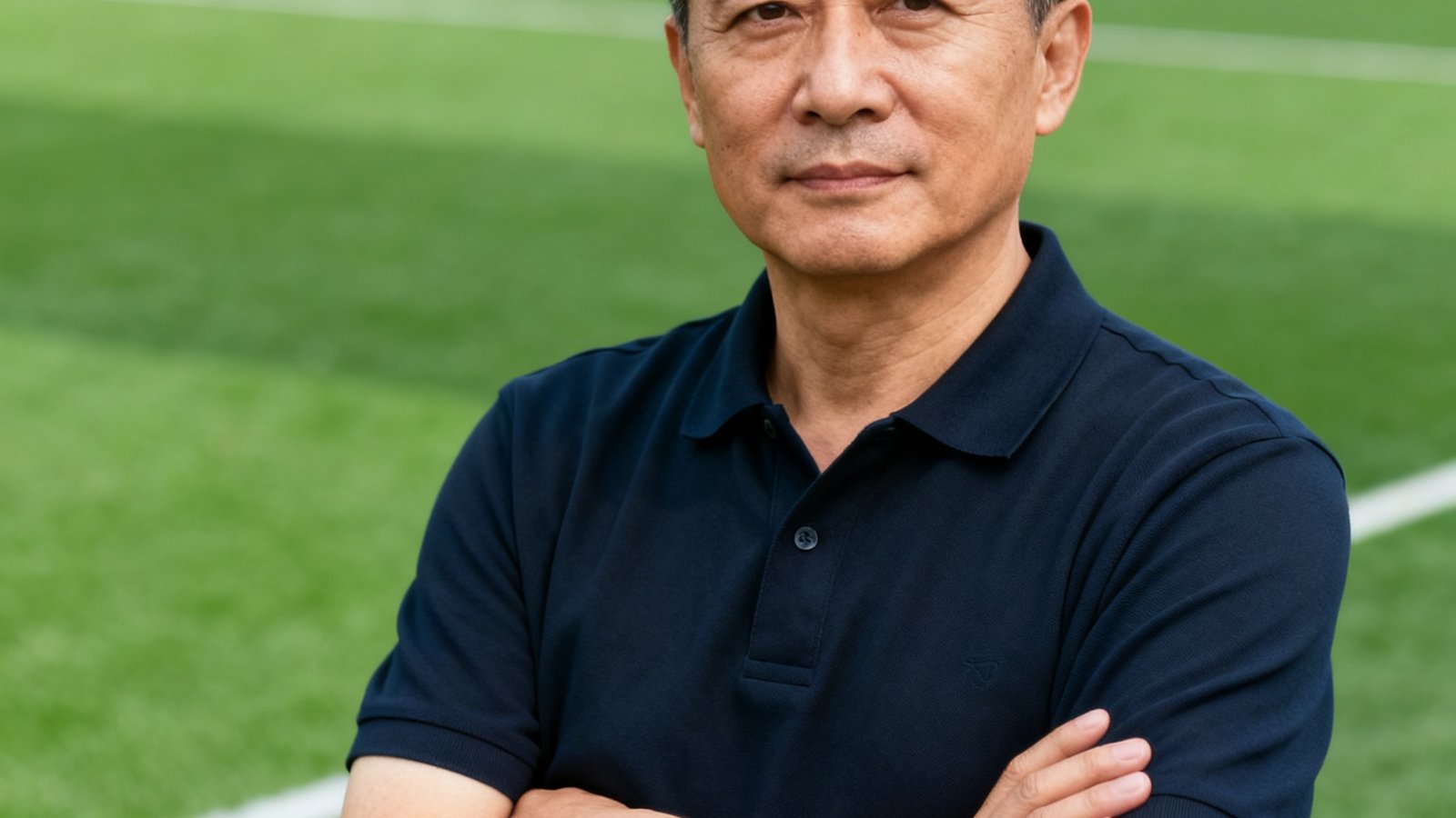一位中年男性短发穿着深色POLO衫双臂交叉站立在绿茵场前，神情沉稳自信，展现领导气质