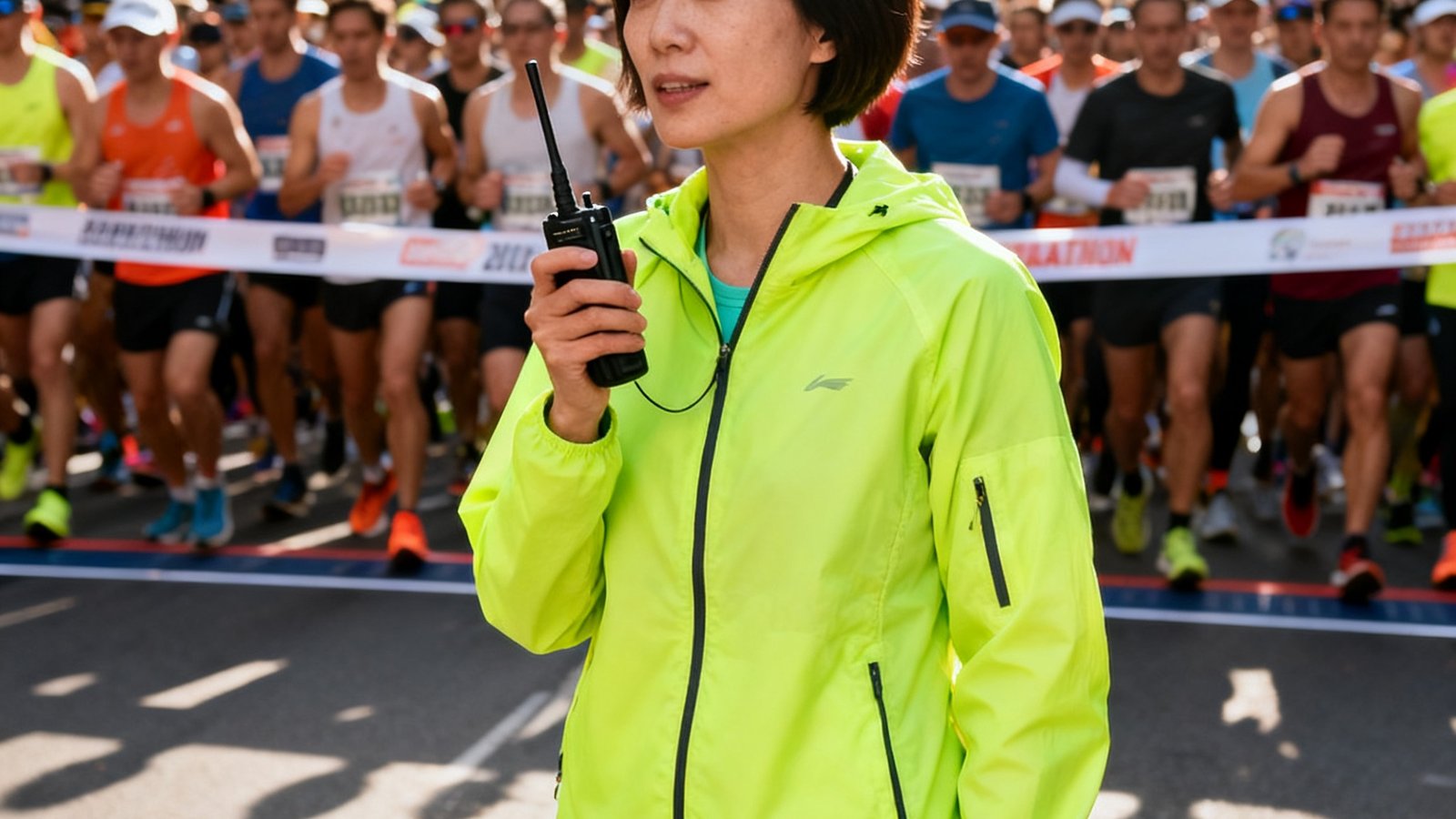 短发女性穿着亮色运动外套手持对讲机站在城市马拉松起跑线旁，身后是蓄势待发的参赛人群